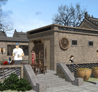 民俗风情街乡村民宿sketchup模型下载